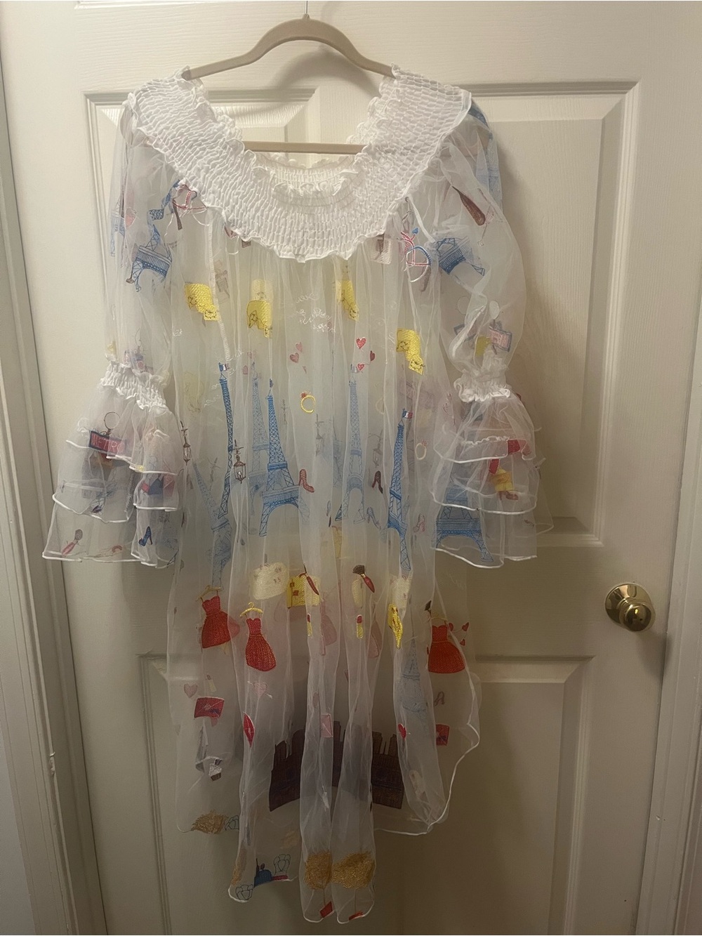 Women’s Sheer Dress with Colorful Paris/Girly. Gathered neck, bell sleeve. SZ XL